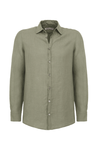 Leinenhemd für Herren, Modell Julian (Art. 643713) in Salbeigrün, Vorderansicht auf weißem Hintergrund fotografiert
