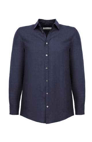 „Herrenhemd aus Leinen in der Farbe dunkelblau, Modell Julian, frontal fotografiert