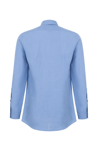 Leinenhemd für Herren, Modell Julian (Art. 643713) in hellblau, Rueckansicht auf weißem Hintergrund fotografiert