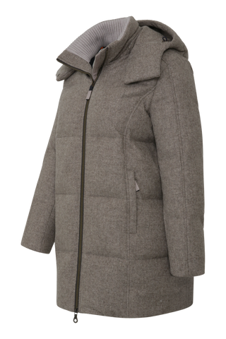 Damen Winterparka aus hochwertigem Loden, Modell 723717 Chelsey-L in Cashmere 310, Seitenansicht– abnehmbare Kapuze, Daunenfüllung, gerade Passform