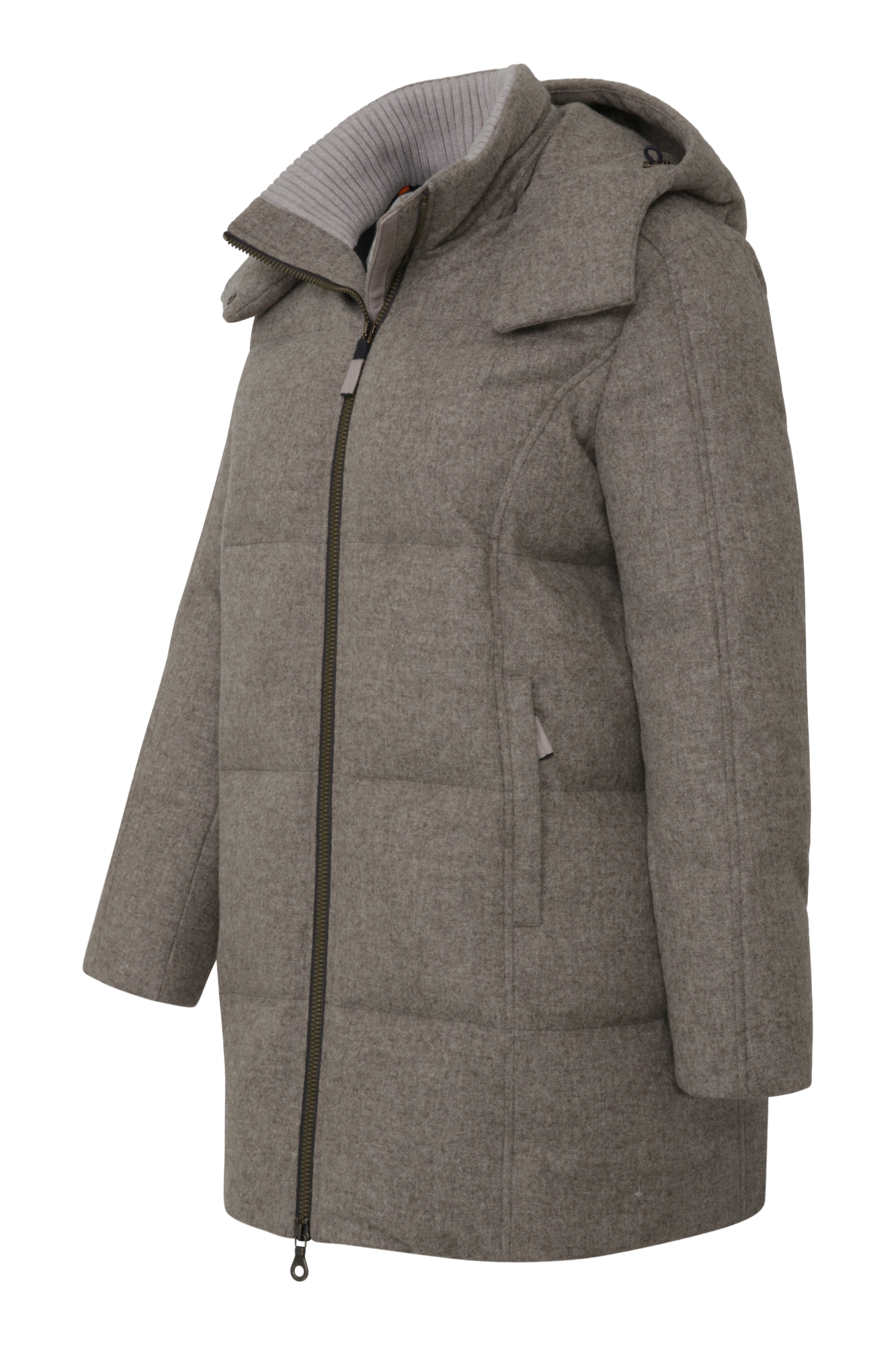 Damen Winterparka aus hochwertigem Loden, Modell 723717 Chelsey-L in Cashmere 310, Seitenansicht– abnehmbare Kapuze, Daunenfüllung, gerade Passform