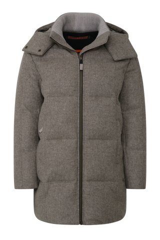 Damen Winterparka aus hochwertigem Loden, Modell 723717 Chelsey-L in Cashmere 310, Vorderansicht – abnehmbare Kapuze, Daunenfüllung, gerade Passform
