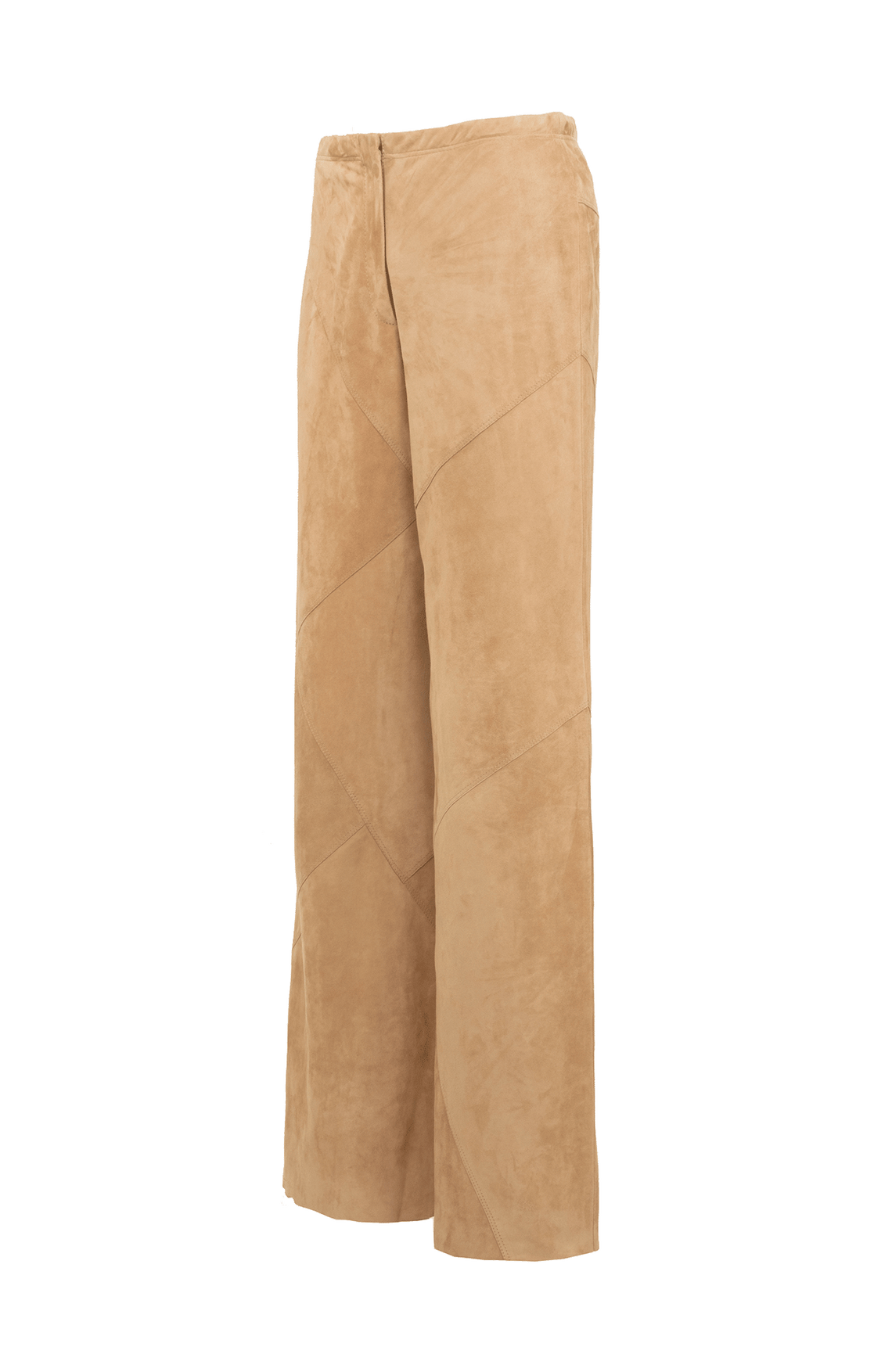 Hose Mandy-Ca aus ökologisch gefärbtem und gegerbtem Lammleder, elastischer Bund, teilgefüttert, geometrische Patchwork-Nähte, weich, anschmiegsam und leicht. Farbe Hellbraun (Farbe: caramel).