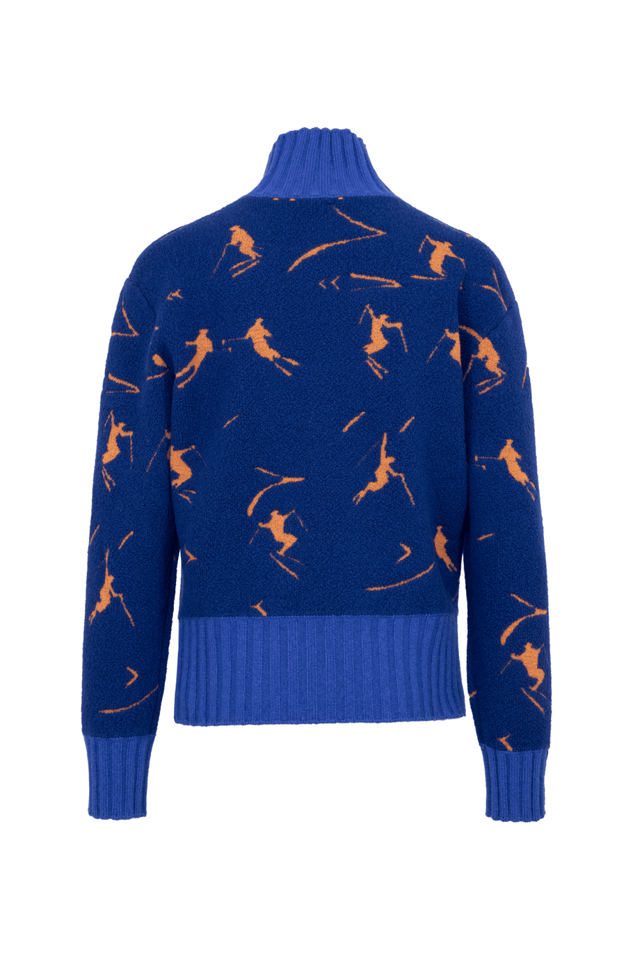 Frauenschuh Rollkragenpullover Tina Multi ME Modell 135544 in Alaskablue, Rueckansicht, mit farbintensivem Skifahrermotiv, Merinowolle, legere Passform