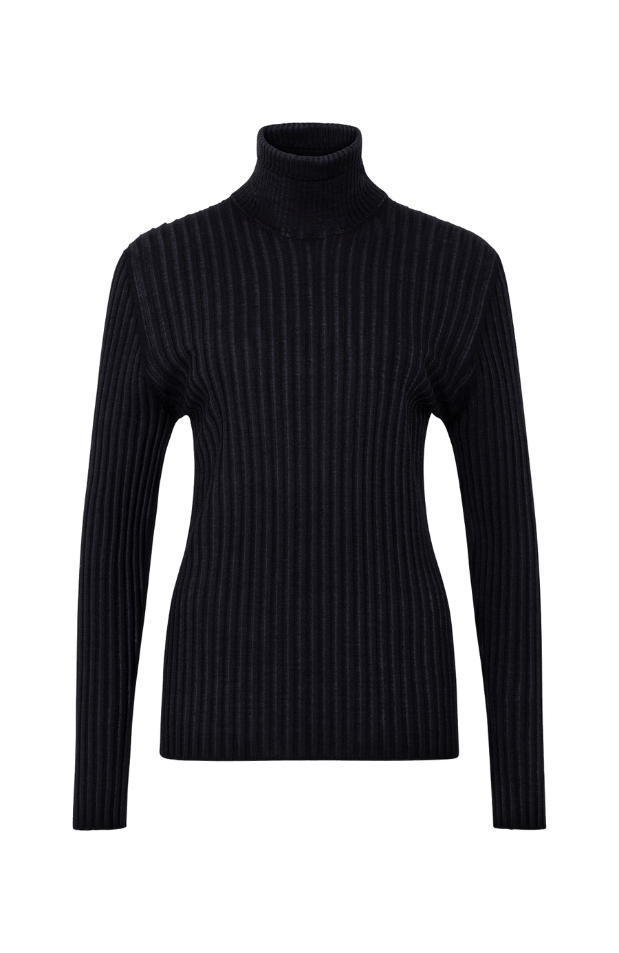 Lockerer Damen-Rollkragenpullover in Schwarz (Farbe 01-0 Black), Modell 533601 MarleenDyed-RB, aus weicher Baumwollmischung, zeigt das elegante Design und die feine Strickstruktur – ideal für kühle Tage und vielseitig kombinierbar