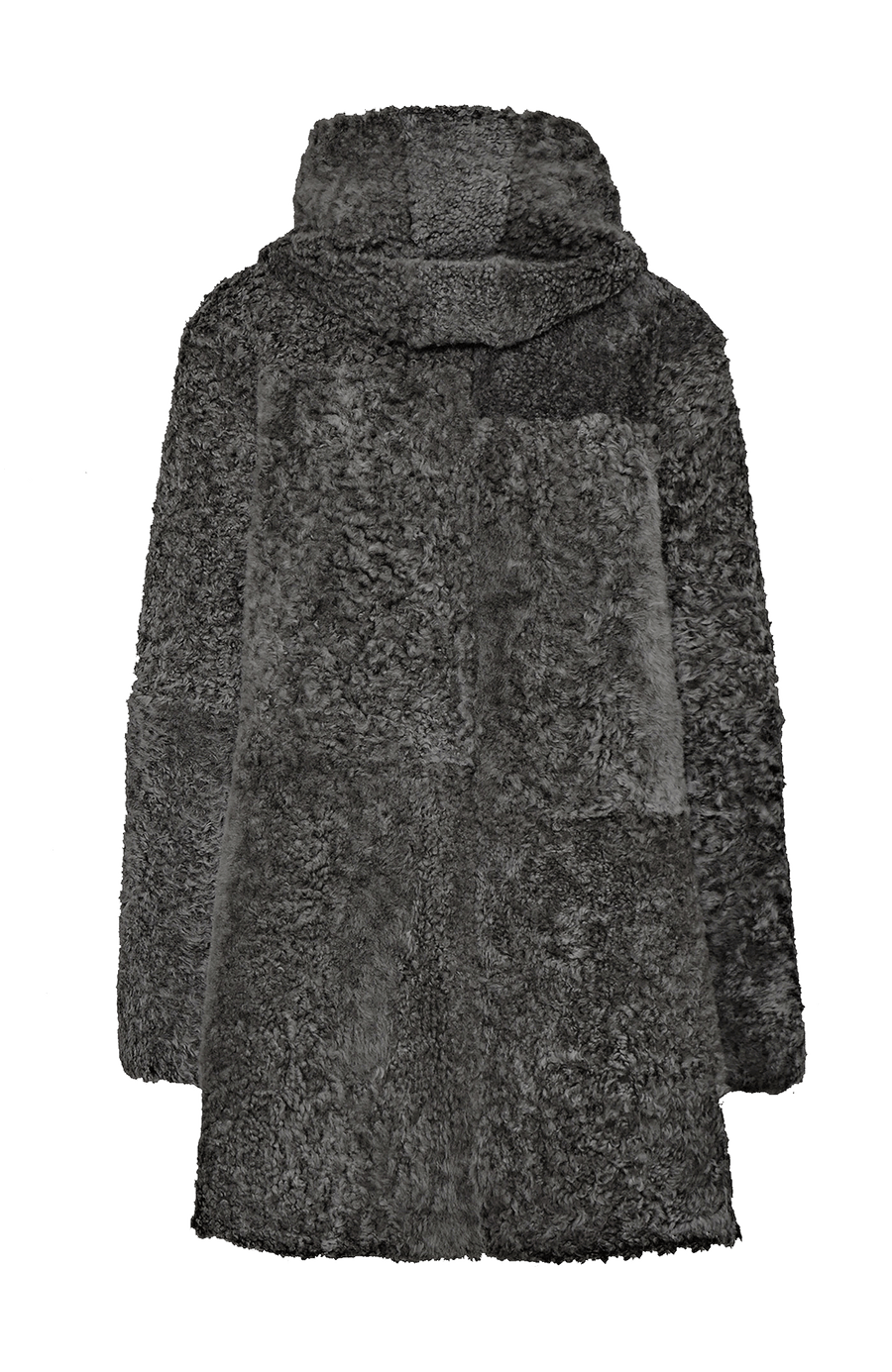 Damen Lammfellmantel mit Kapuze von Frauenschuh, Modell Olivera in der Farbe dunkelgrau Rueckansicht– luxuriöser Wintermantel aus hochwertigem Lammfell für stilvolle Wärme.