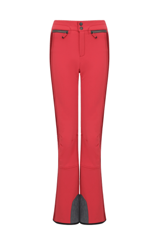 Performance Skihose SerafinaMulti-S aus Schöller Softshell, figurbetont mit leicht ausgestelltem Bein, Lodenstreifen an der Seite, zwei markante Taschen mit Zip, klassische Frauenschuh Features wie Kantenschutz aus Alcantara-Leder, Sicherheitsdruckknöpfe, Knieabnäher und Schneefang. Robustes, elastisches Material, wasser- und windabweisend, ideal zum Skifahren oder Schneewandern. In der Farbe Rot (Farbe: poppy)