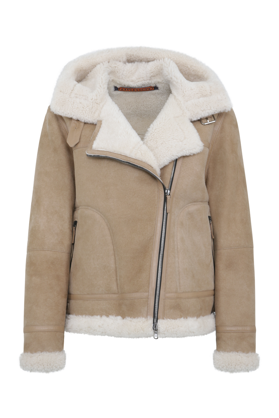 Bikerjacke aus Lammfell in der Farbe camel (Modell 727694_Norah-MV), Vorderansicht – markante Silhouette mit sichtbarer Rückenpasse und klassischen Biker-Details.