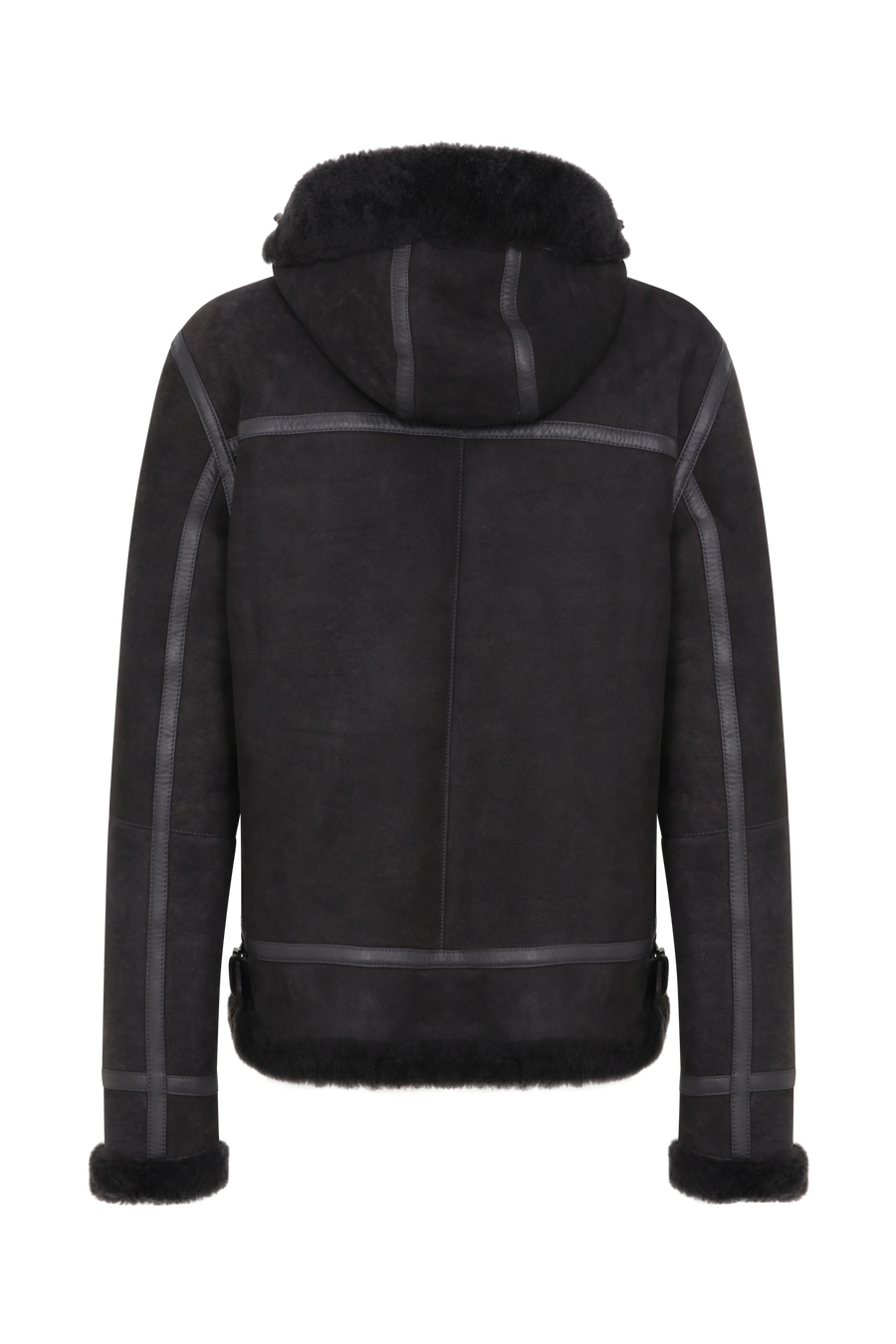 Bikerjacke aus Lammfell in der Farbe Elefant (Modell 727694_Norah-MV), Rückansicht – markante Silhouette mit sichtbarer Rückenpasse und klassischen Biker-Details.