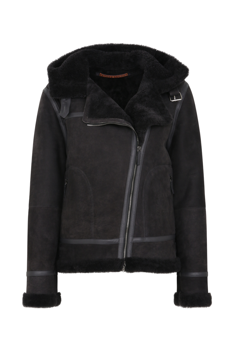 Bikerjacke aus Lammfell in der Farbe Elefant (Modell 727694_Norah-MV), Vorderansicht– markante Silhouette mit sichtbarer Rückenpasse und klassischen Biker-Details.