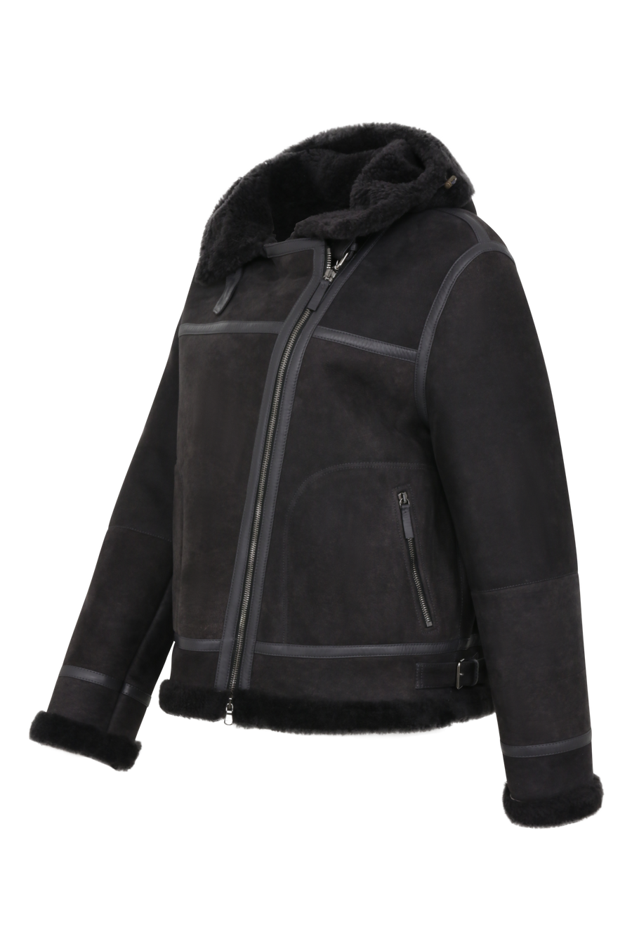 Bikerjacke aus Lammfell in der Farbe Elefant (Modell 727694_Norah-MV), RSeitenansicht – markante Silhouette mit sichtbarer Rückenpasse und klassischen Biker-Details.