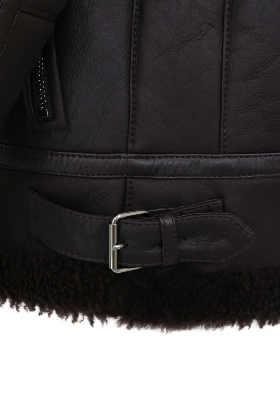 Damen-Bikerjacke aus Lammfell Modell Norah MVN in Dunkelbraun – Detailansicht  mit Kapuze und Ziegenleder-Details