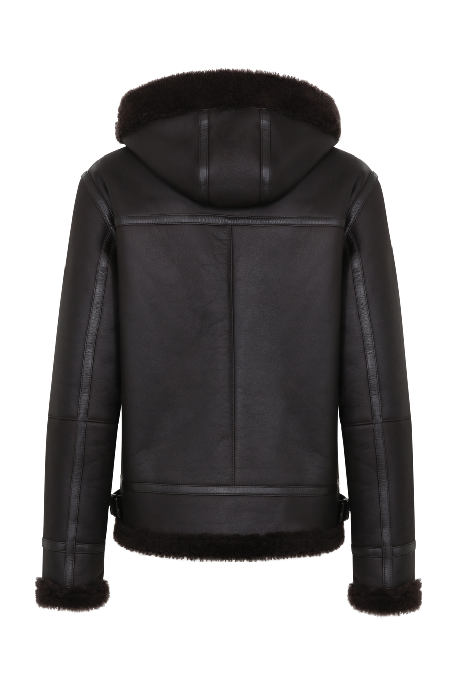 Damen-Bikerjacke aus Lammfell Modell Norah MVN in Dunkelbraun – Rueckansicht mit Kapuze und Ziegenleder-Details