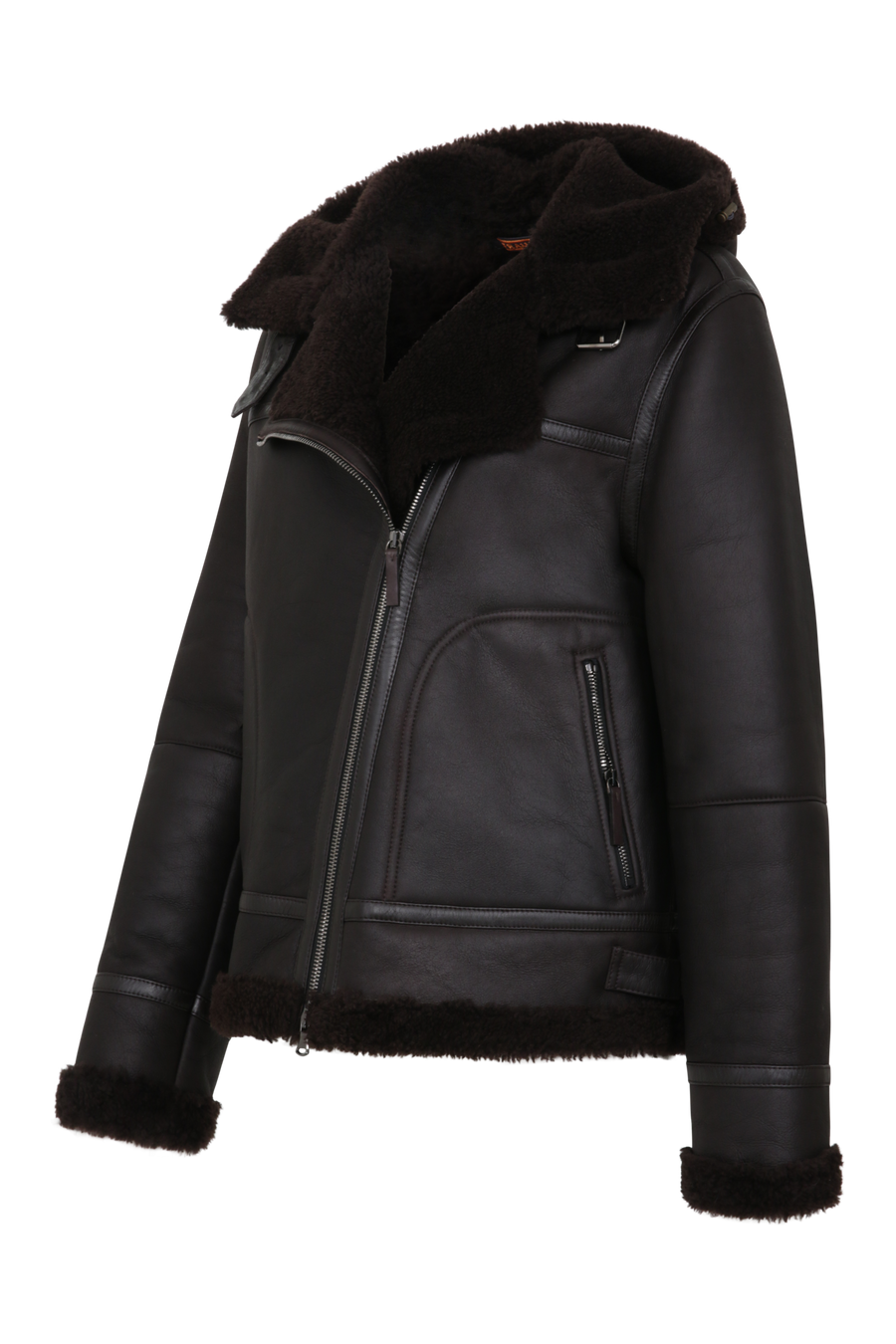 Damen-Bikerjacke aus Lammfell Modell Norah MVN in Dunkelbraun – Seitenansicht mit Kapuze und Ziegenleder-Details