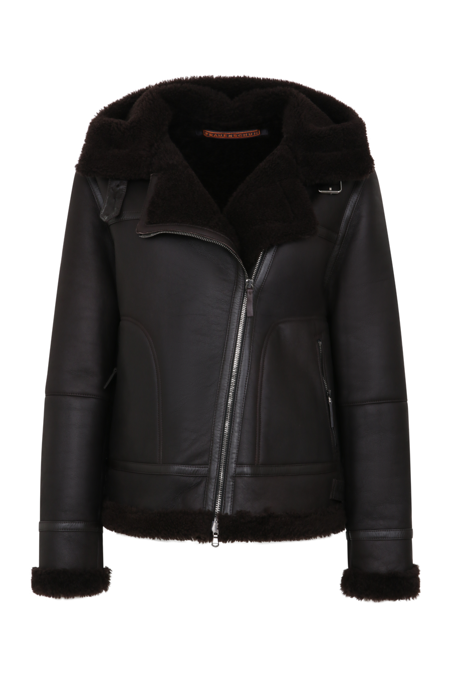 Damen-Bikerjacke aus Lammfell Modell Norah MVN in Dunkelbraun – Vorderansicht mit Kapuze und Ziegenleder-Details