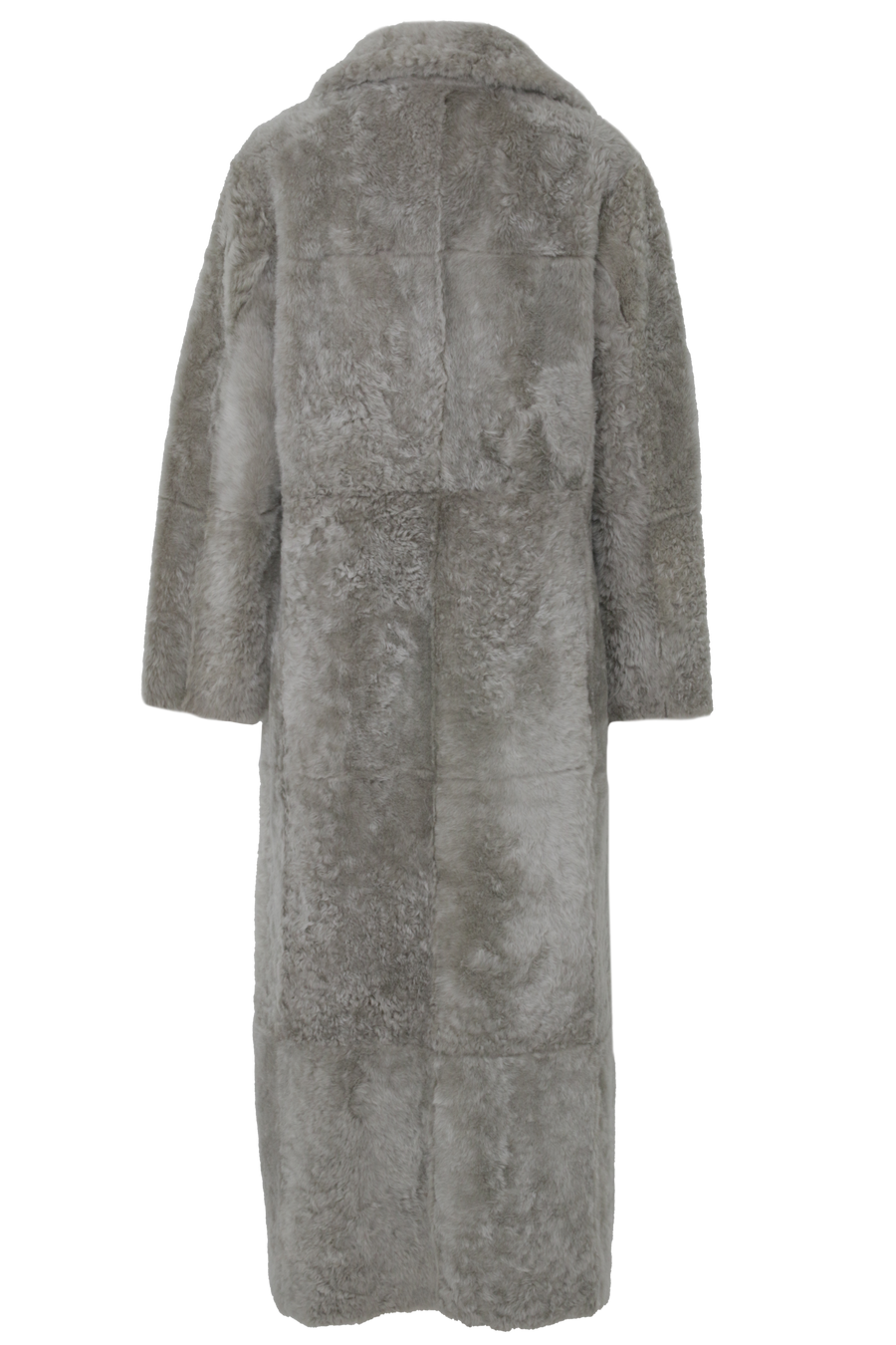 Bodenlanger Damen Lammfellmantel Modell 738393 Johanna Long LL in savanna , Rueckansicht Fellseite, gerade Passform, wendbar mit Glattleder außen und lockigem Fell innen, Reverskragen