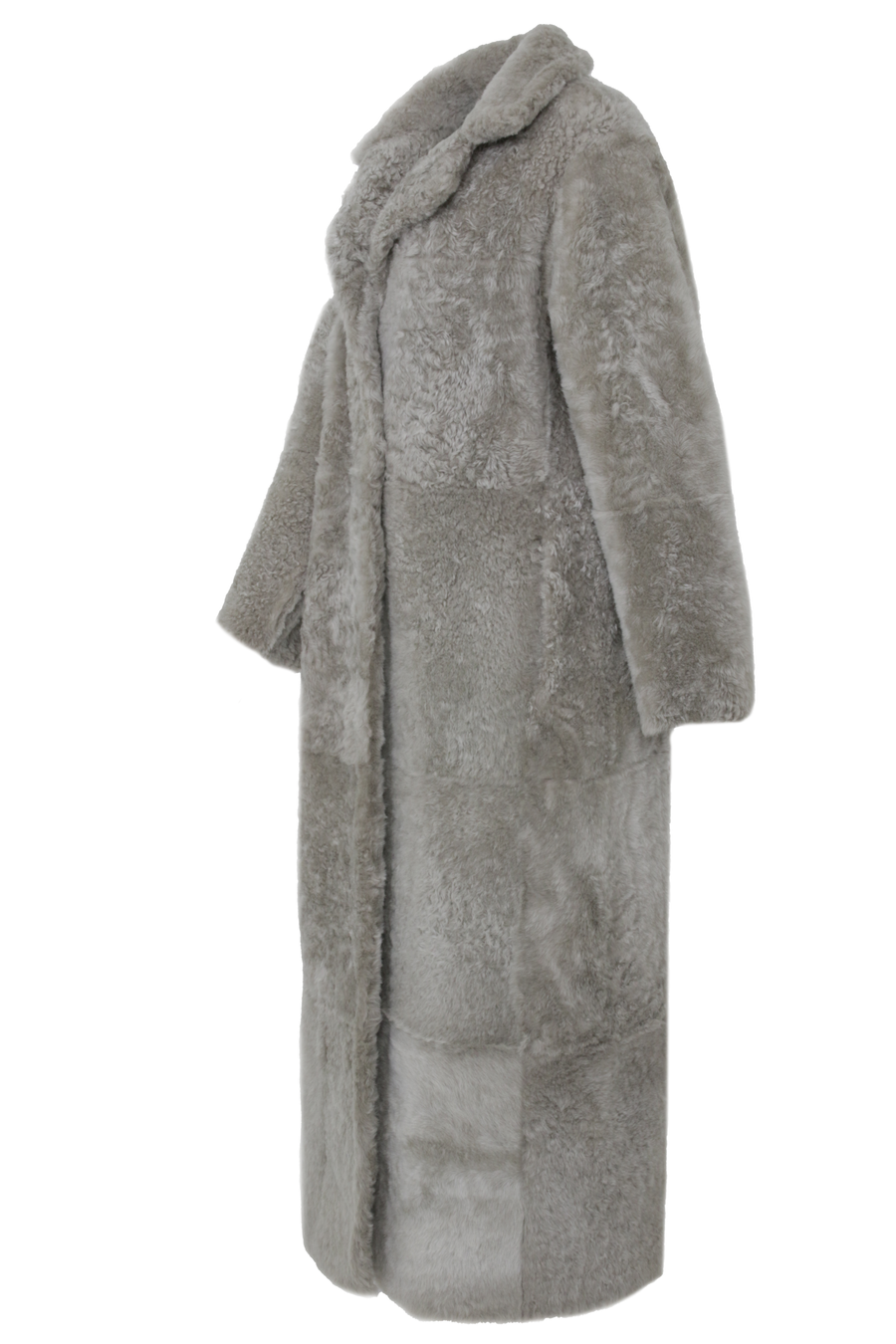 Bodenlanger Damen Lammfellmantel Modell 738393 Johanna Long LL in savanna , Seitenansicht Fellseite, gerade Passform, wendbar mit Glattleder außen und lockigem Fell innen, Reverskragen