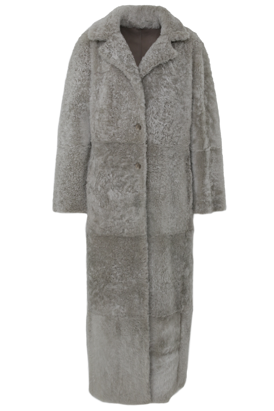 Bodenlanger Damen Lammfellmantel Modell 738393 Johanna Long LL in savanna , Vorderansicht Fellseite, gerade Passform, wendbar mit Glattleder außen und lockigem Fell innen, Reverskragen