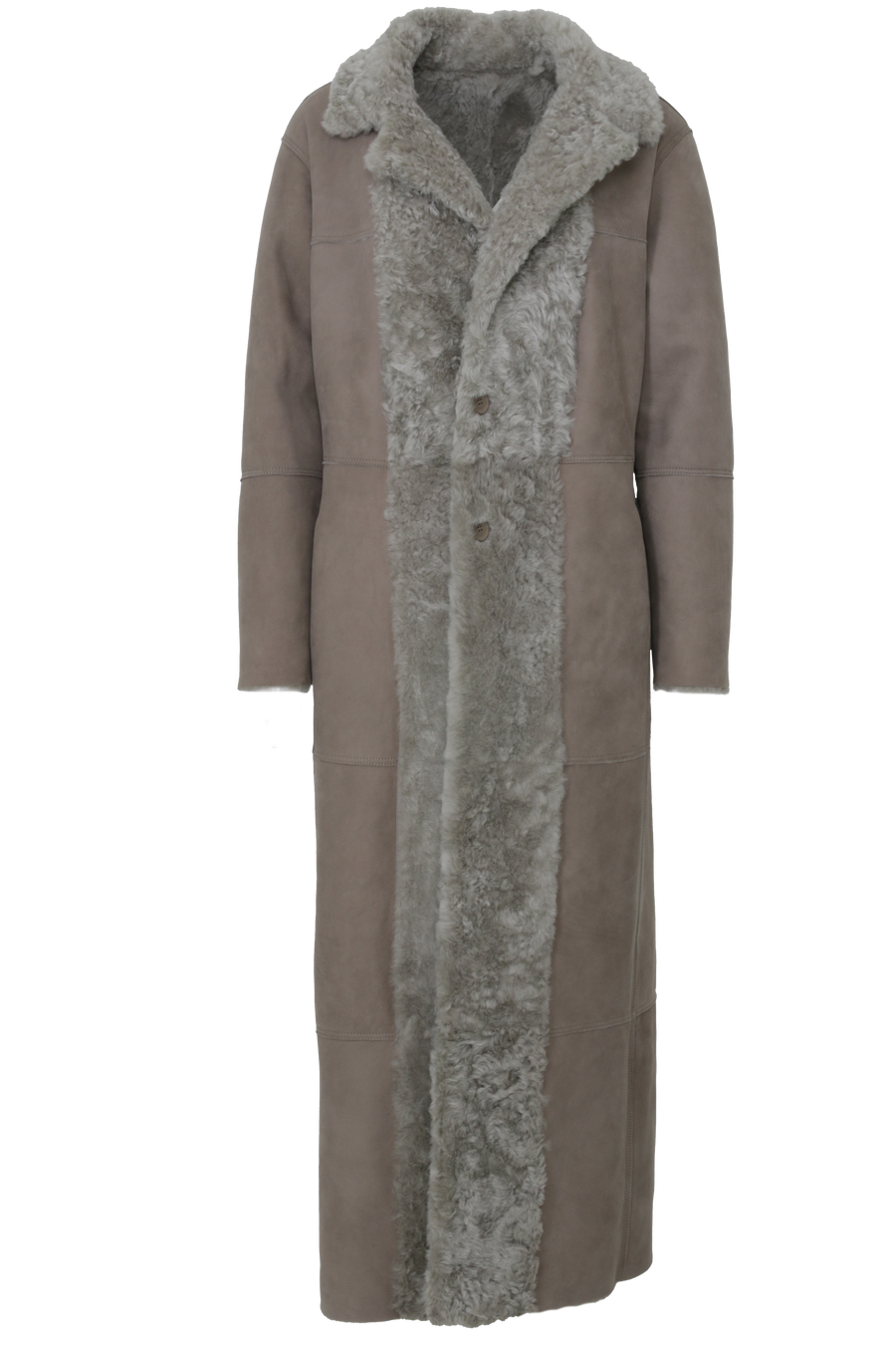 Bodenlanger Damen Lammfellmantel Modell 738393 Johanna Long LL in savanna , Vorderansicht, gerade Passform, wendbar mit Glattleder außen und lockigem Fell innen, Reverskragen