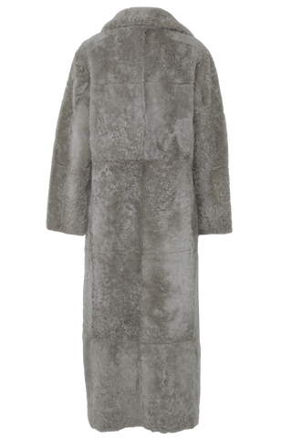 Bodenlanger Damen Lammfellmantel Modell 738393 Johanna Long LL in Sesame, Rueckansicht, gerade Passform, wendbar mit Glattleder außen und lockigem Fell innen, Reverskragen