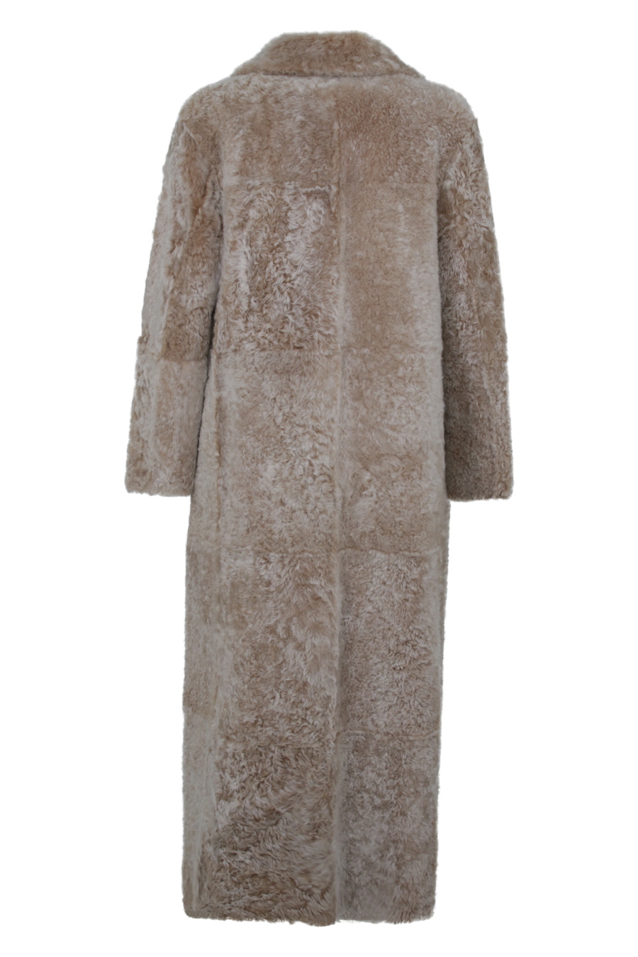 Bodenlanger Damen Lammfellmantel Modell 738393 Johanna Long LL in Sesame, Rueckansicht, gerade Passform, wendbar mit Glattleder außen und lockigem Fell innen, Reverskragen