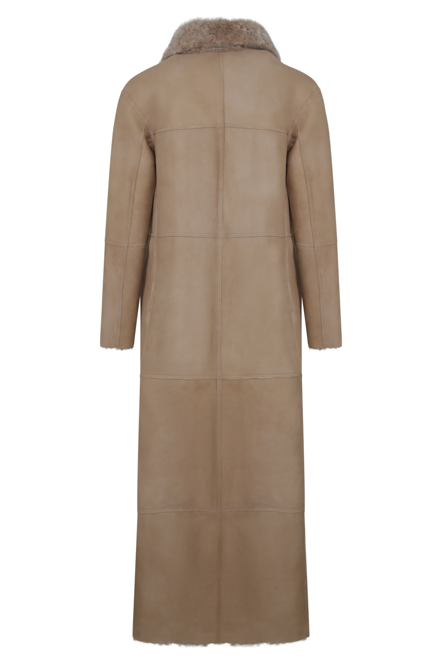 Bodenlanger Damen Lammfellmantel Modell 738393 Johanna Long LL in Sesame, Rueckansicht Lederseite, gerade Passform, wendbar mit Glattleder außen und lockigem Fell innen, Reverskragen