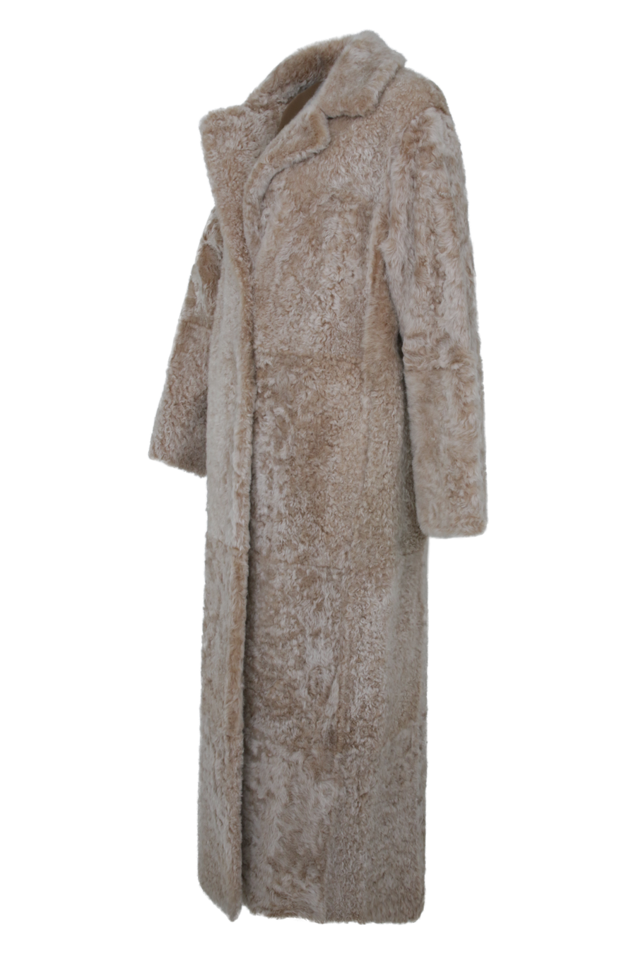 Bodenlanger Damen Lammfellmantel Modell 738393 Johanna Long LL in Sesame, Seitenansicht, gerade Passform, wendbar mit Glattleder außen und lockigem Fell innen, Reverskragen