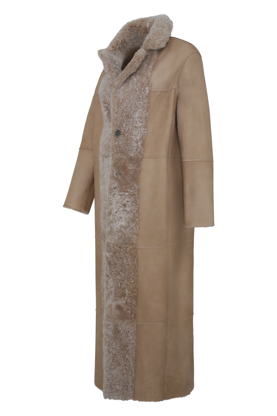 Bodenlanger Damen Lammfellmantel Modell 738393 Johanna Long LL in Sesame, Seitenansicht Lederseite, gerade Passform, wendbar mit Glattleder außen und lockigem Fell innen, Reverskragen