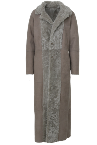 Bodenlanger Damen Lammfellmantel Modell 738393 Johanna Long LL in Sesame, Vorderansicht, gerade Passform, wendbar mit Glattleder außen und lockigem Fell innen, Reverskragen