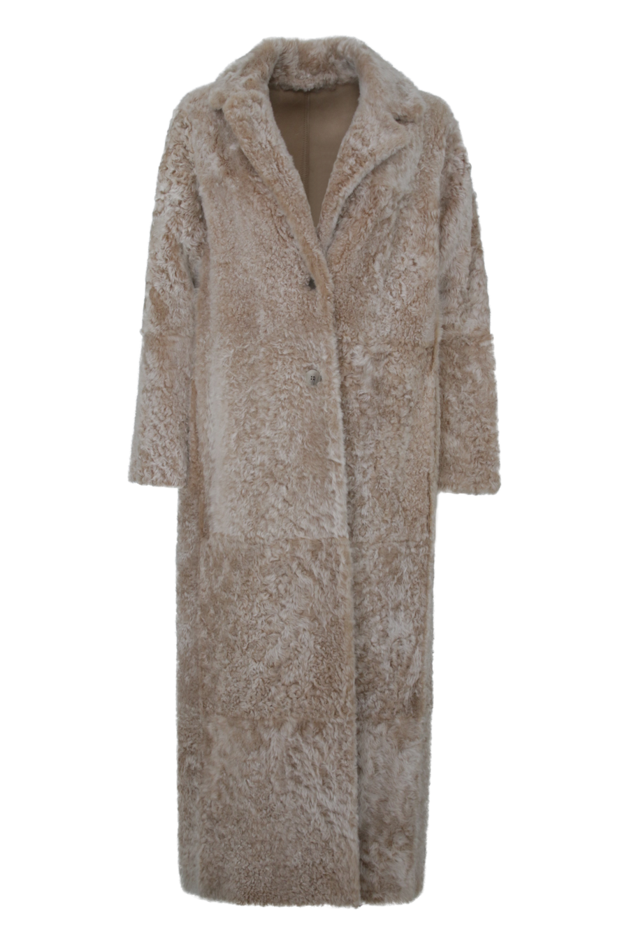 Bodenlanger Damen Lammfellmantel Modell 738393 Johanna Long LL in Sesame, Vorderansicht, gerade Passform, wendbar mit Glattleder außen und lockigem Fell innen, Reverskragen