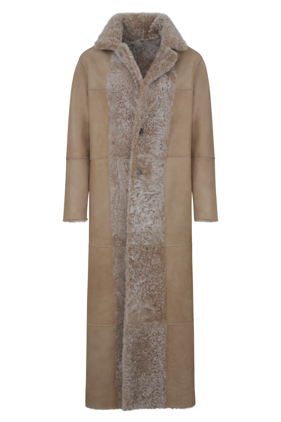 Bodenlanger Damen Lammfellmantel Modell 738393 Johanna Long LL in Sesame, Vorderansicht Lederseite, gerade Passform, wendbar mit Glattleder außen und lockigem Fell innen, Reverskragen