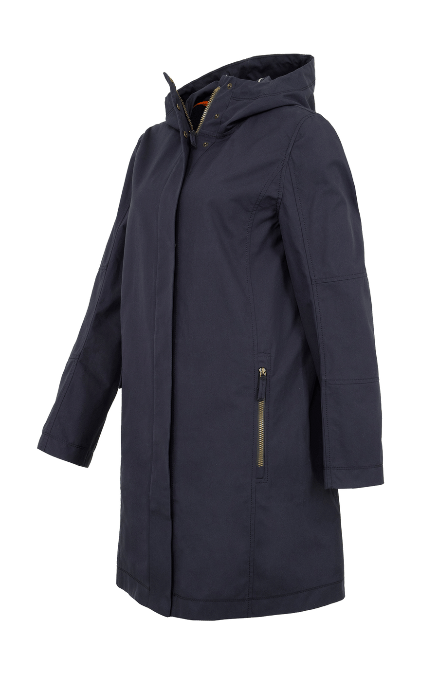Damen-Knielanger Mantel aus Outdoor Cotton, wasser- und windabweisend, gerade Passform mit schmaler Silhouette, Stehkragen und weitenregulierbare Kapuze, Knopfleiste mit verdecktem Zwei-Wege-Zipper, Ripsband an Ärmelabschlüssen und Saum, seitliche Taschen mit markantem Zipper. In der Farbe Dunkelblau (Farbe: midnight).