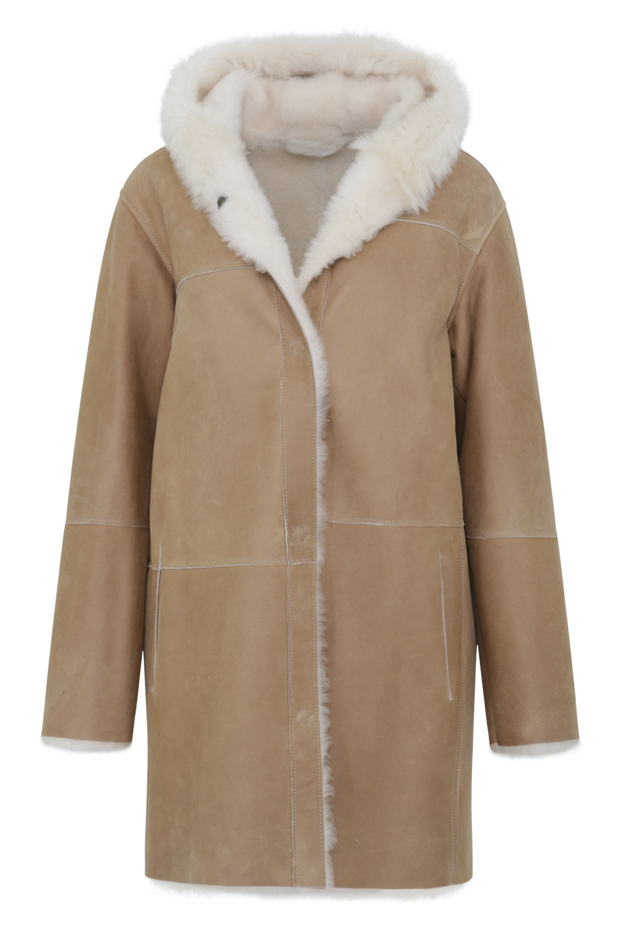 Damen Lammfellmantel Modell 698724 Olivera LCP in Caramel, Vorderansicht, aus voluminösem Lacon Cashmere Plus mit Kapuze und legere Passform