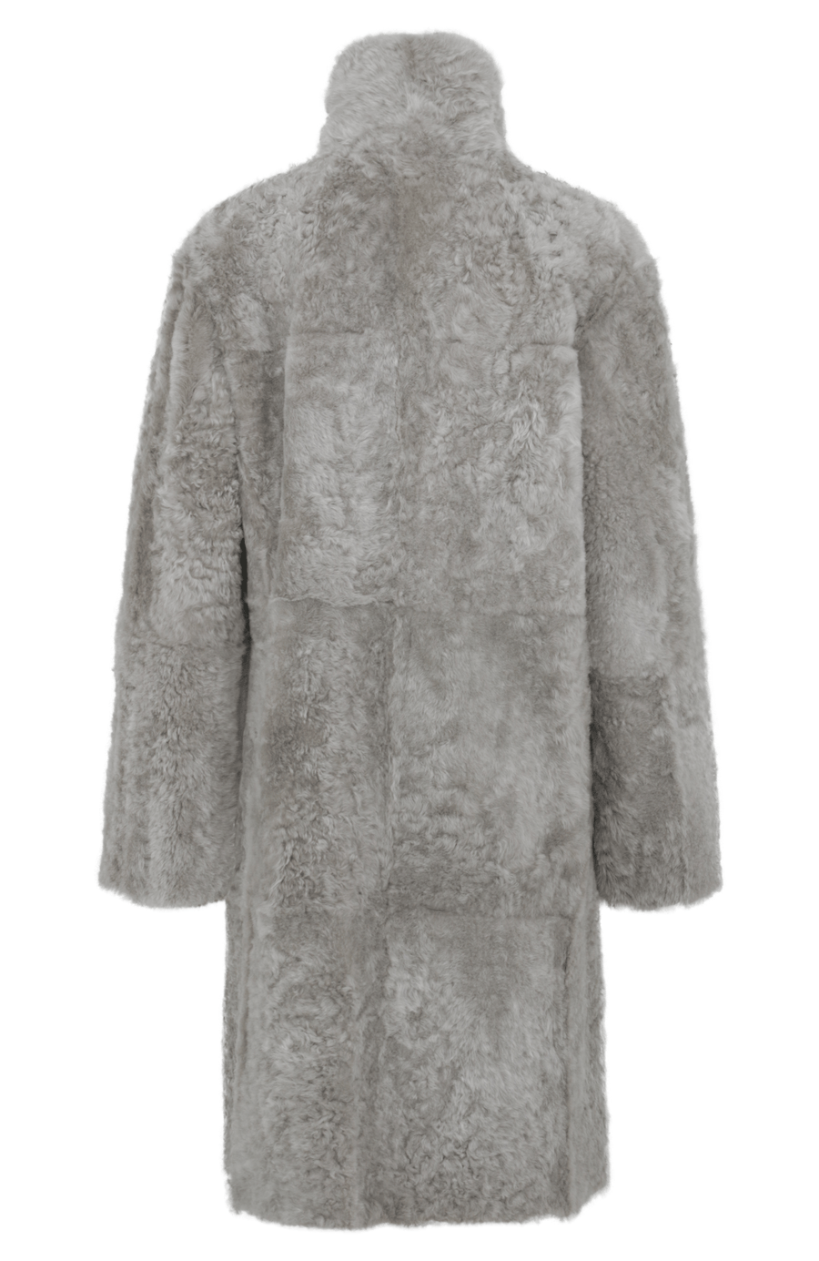 Damen Lammfellmantel Modell 733393 Johanna LL in savannah, Rueckansicht, gerade Passform, wendbar mit Glattleder außen und lockigem Fell innen, Reverskragen