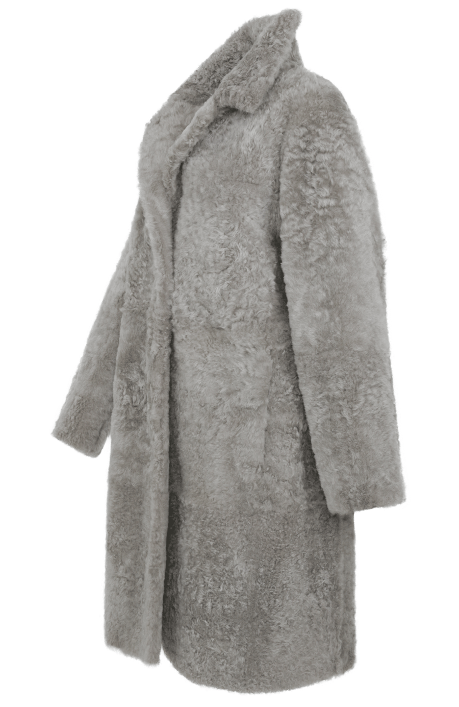 Damen Lammfellmantel Modell 733393 Johanna LL in savannah, Seitenansicht, gerade Passform, wendbar mit Glattleder außen und lockigem Fell innen, Reverskragen