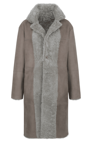Damen Lammfellmantel Modell 733393 Johanna LL insavannah, Vorderansicht, gerade Passform, wendbar mit Glattleder außen und lockigem Fell innen, Reverskragen