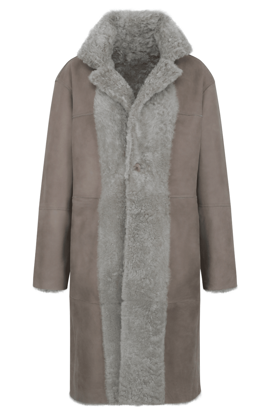 Damen Lammfellmantel Modell 733393 Johanna LL insavannah, Vorderansicht, gerade Passform, wendbar mit Glattleder außen und lockigem Fell innen, Reverskragen