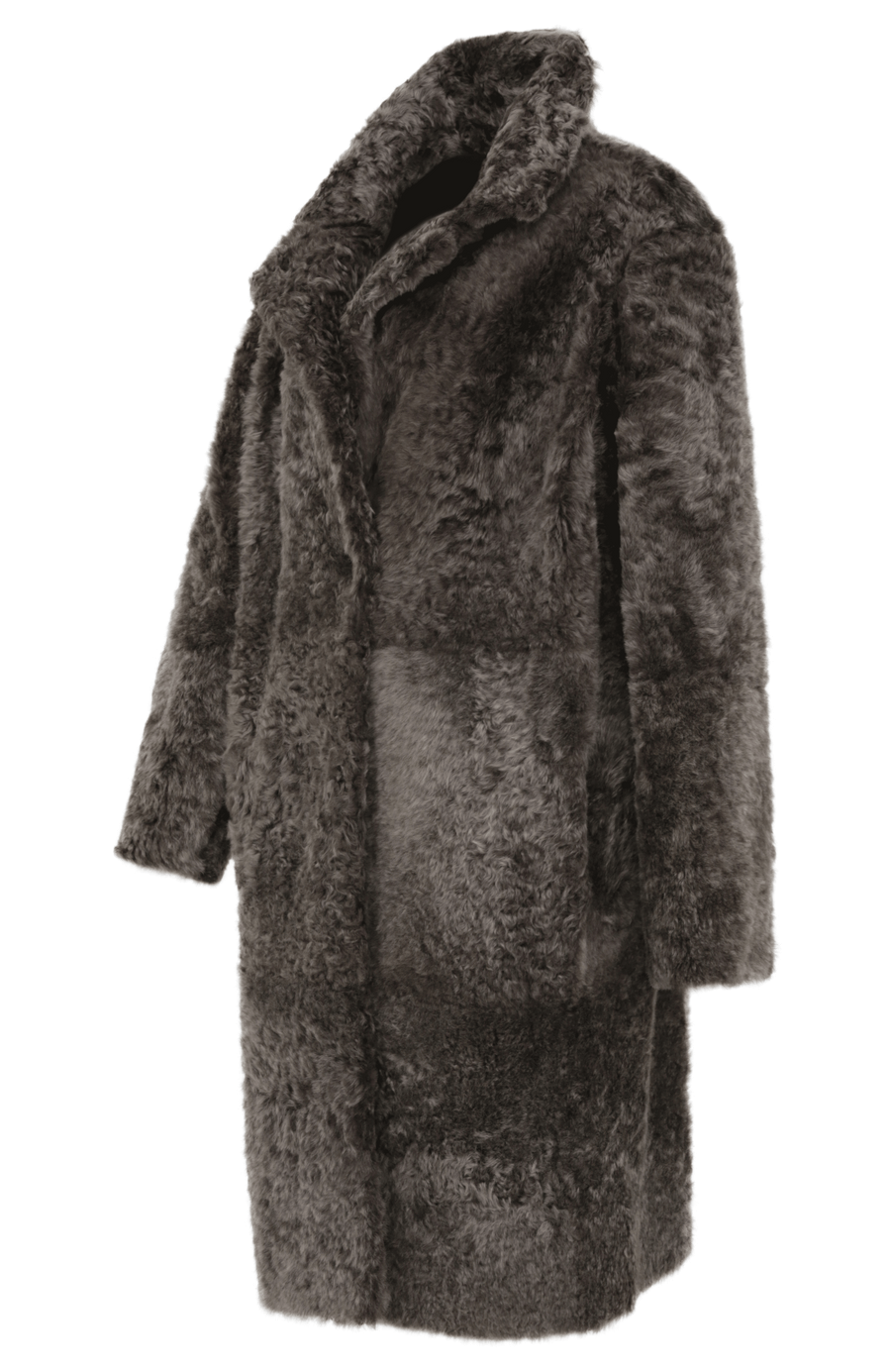 Damen Lammfellmantel Modell 733393 Johanna LL in mink, Seitenansicht gerade Passform, wendbar mit Glattleder außen und lockigem Fell innen, Reverskragen