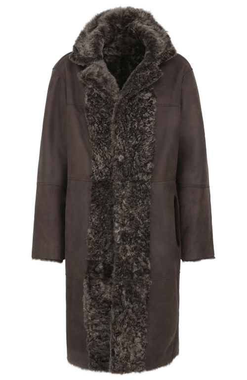 Damen Lammfellmantel Modell 733393 Johanna LL in mink, Vorderansicht, gerade Passform, wendbar mit Glattleder außen und lockigem Fell innen, Reverskragen