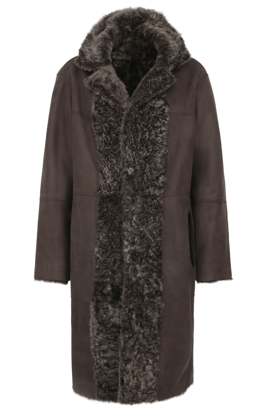 Damen Lammfellmantel Modell 733393 Johanna LL in mink, Vorderansicht, gerade Passform, wendbar mit Glattleder außen und lockigem Fell innen, Reverskragen
