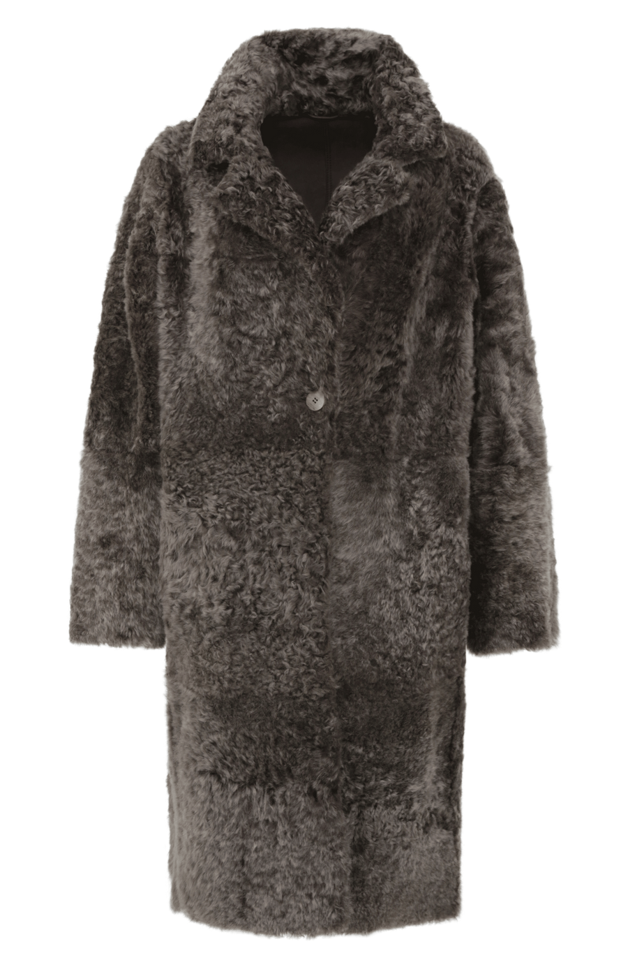 Damen Lammfellmantel Modell 733393 Johanna LL in mink, Vorderansicht Fellseite, gerade Passform, wendbar mit Glattleder außen und lockigem Fell innen, Reverskragen