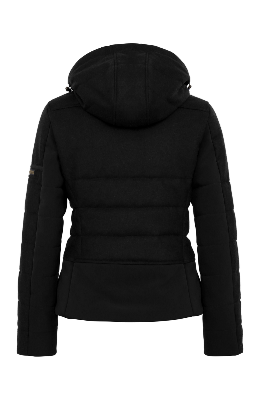 Rueckansicht der Damen Skijacke  Rosalie Multi-S in Farbe Schwarz von Frauenschuh – mit typischen Lodendetails, freigestelltes Produktbild, Made in Austria