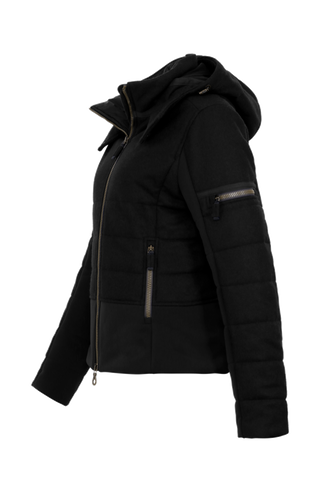 Seitenansicht der Damen Skijacke  Rosalie Multi-S in Farbe Schwarz von Frauenschuh – mit typischen Lodendetails, freigestelltes Produktbild, Made in Austria