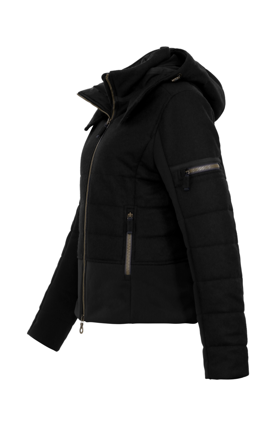 Seitenansicht der Damen Skijacke  Rosalie Multi-S in Farbe Schwarz von Frauenschuh – mit typischen Lodendetails, freigestelltes Produktbild, Made in Austria