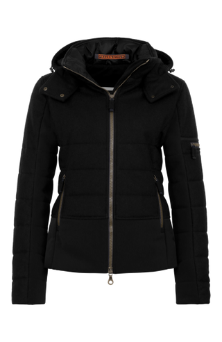 Vorderansicht der Damen Skijacke  Rosalie Multi-S in Farbe Schwarz von Frauenschuh – mit typischen Lodendetails, freigestelltes Produktbild, Made in Austria
