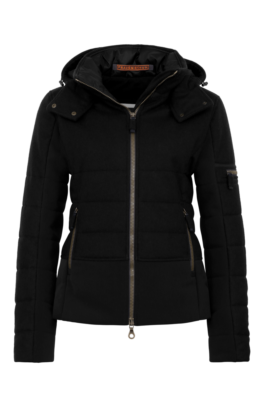 Vorderansicht der Damen Skijacke  Rosalie Multi-S in Farbe Schwarz von Frauenschuh – mit typischen Lodendetails, freigestelltes Produktbild, Made in Austria