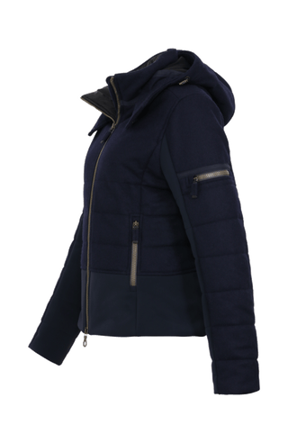 Seitenansicht der Damen Skijacke  Rosalie Multi-S in Farbe Dunkelblau von Frauenschuh – mit typischen Lodendetails, freigestelltes Produktbild, Made in Austria