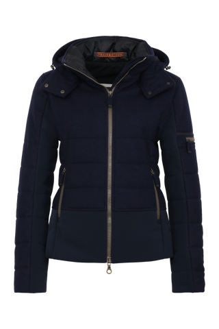 Vorderansicht der Damen Skijacke  Rosalie Multi-S in Farbe Dunkelblau von Frauenschuh – mit typischen Lodendetails, freigestelltes Produktbild, Made in Austria