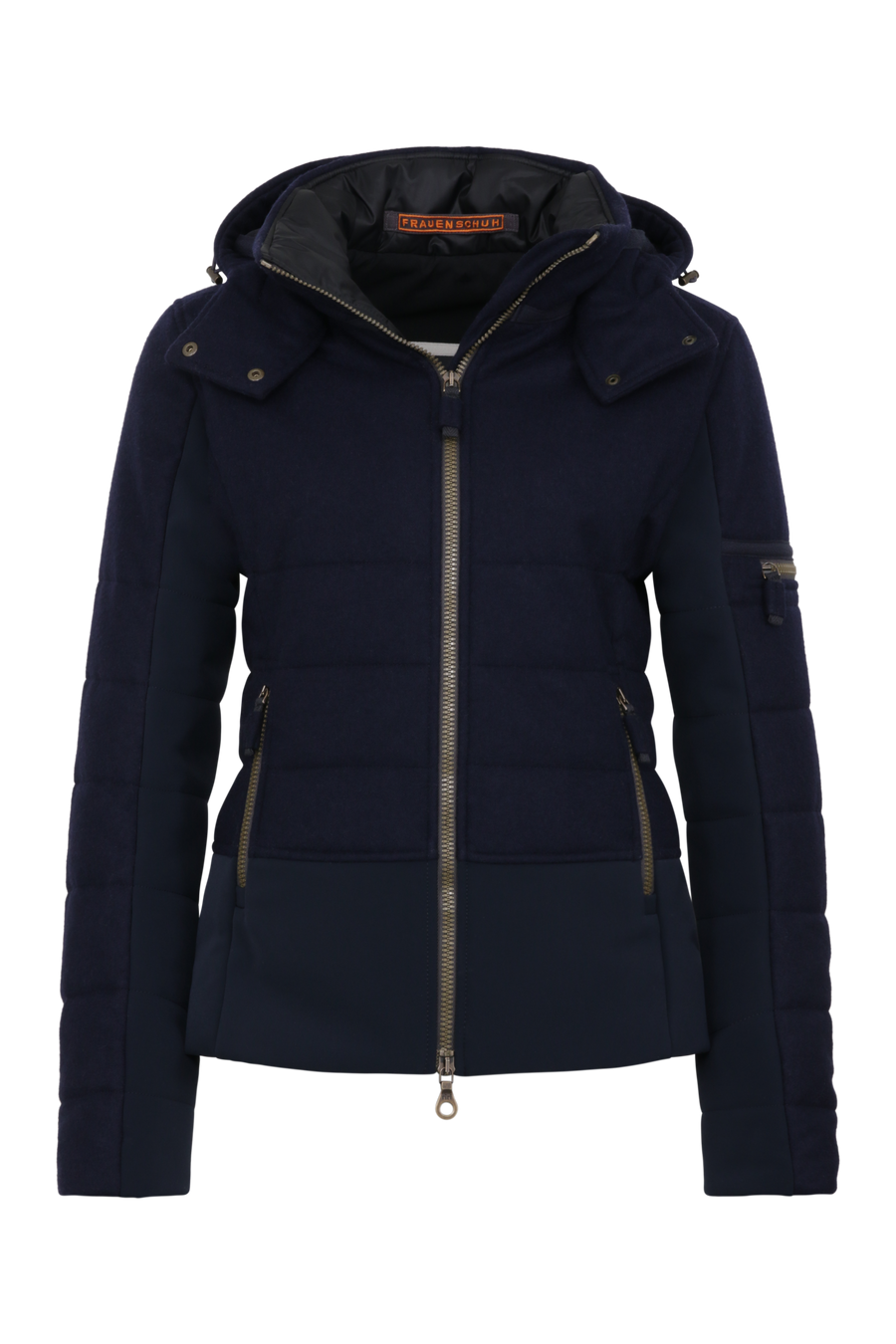 Vorderansicht der Damen Skijacke  Rosalie Multi-S in Farbe Dunkelblau von Frauenschuh – mit typischen Lodendetails, freigestelltes Produktbild, Made in Austria