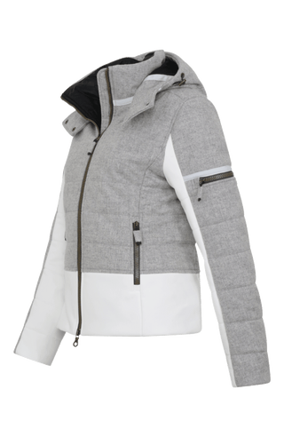 Seitenansicht der Damen Skijacke  Rosalie Multi-S in Farbe Cloud von Frauenschuh – mit typischen Lodendetails, freigestelltes Produktbild, Made in Austria